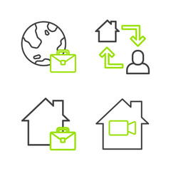 Obraz premium Set line Video camera Off in home, Online working, and icon. Vector