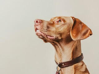 dog holding leash in mouth on beige background