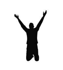 Religious Man on the Knees Raising Hands in Prayer Silhouette. Religion and faith concept vector art