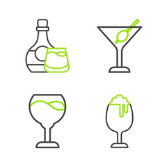 Set line Glass of beer, Wine glass, Martini and Whiskey bottle and icon. Vector