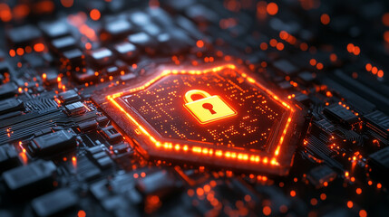 high tech digital shield with glowing lock symbol represents