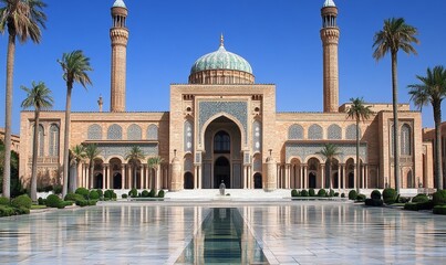 Naklejka premium Grand mosque exterior, reflecting pool, palm trees, blue sky