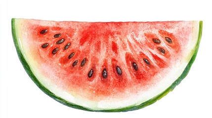 Fresh watermelon slice with vibrant red flesh and black seeds, isolated on a white background.
