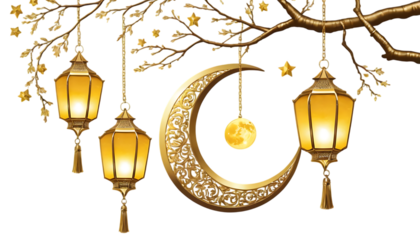 Moon and two hanging lanterns gold crescent golden png