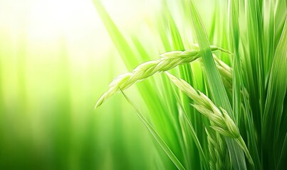 Green rice paddy field closeup in sunlight, agriculture background, ideal for nature themes