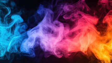 Fototapeta premium Colorful smoke trails swirl elegantly against a black background illuminated by vibrant light creating a dynamic and ethereal visual effect