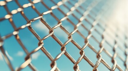 Fototapeta premium A detailed view of a chain link fence captures the interplay of metal and light, set against a clear sky with soft clouds, representing strength and containment.
