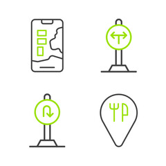 Set line Cafe and restaurant location, Turn back road sign, Fork in the and City map navigation icon. Vector