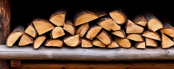 Stacked firewood neatly arranged on a rustic wooden shelf, showcasing various cuts and textures of the wood.