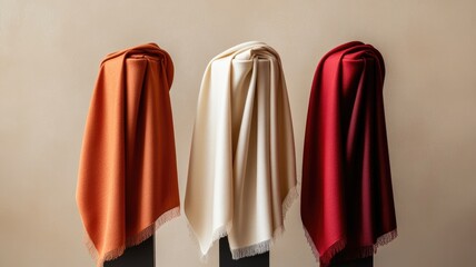 Three colored fabric pieces: orange, white, and red, displayed on stands