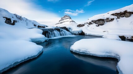 Serene Winter Landscape with Kirkjufell Mountain and Frozen River under Clear Sky