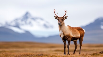 Obraz premium Majestic Reindeer Standing in Scenic Landscape with Mountains and Wilderness Background