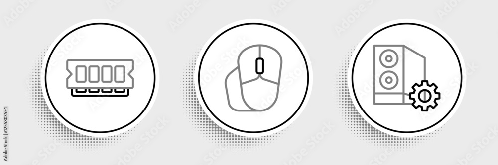Poster set line case of computer, ram, random access memory and computer mouse icon. vector