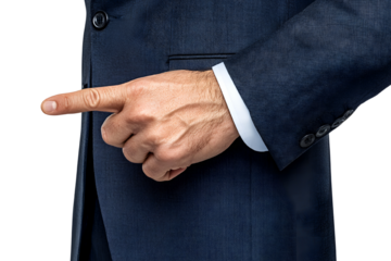 Businessman hand pointing with finger isolated on transparent background.