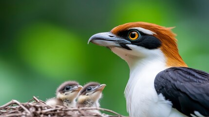 Mother Bird with Chicks in Nest Surrounded by Lush Green Nature