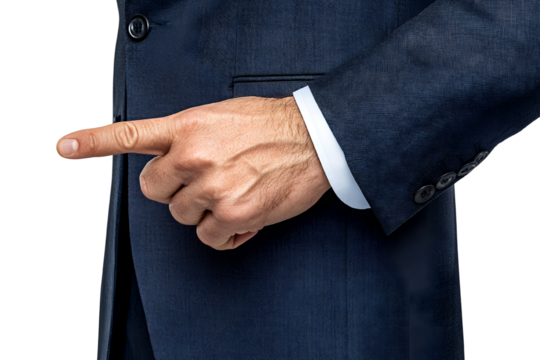 Businessman hand pointing with finger isolated on transparent background.