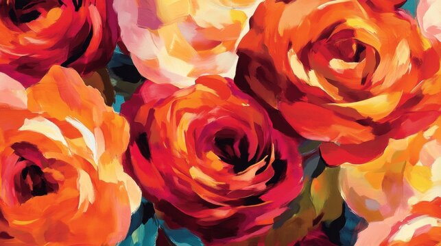 A modern floral rose wallpaper with large, bold roses in bright hues of red and orange, creating a statement wall in a contemporary living room.