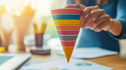 A performance marketer adjusting retargeting ad settings, fine-tuning audience targeting for a sales funnel campaign, corporate workspace, strategic planning, mid-morning