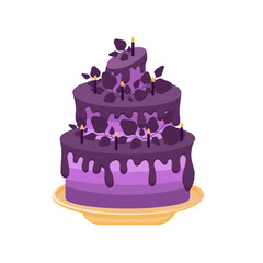 Vector illustration, clipart, three-tier cake in purple tones. Birthday three tier cake with sprinkles , cream decoration and candles on top