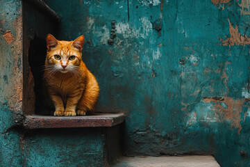 Ginger Cat Sitting on Rustic Steps