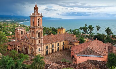 Fototapeta premium Historic church overlooking coastal town with ocean view under cloudy sky