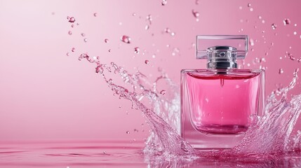 Explore this modern perfume bottle emerging from luscious water splashes, evoking feelings of elegance and sophistication that captivate every viewer.