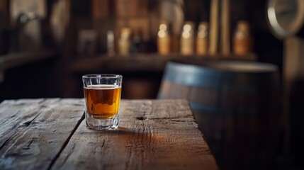 Vodka whiskey shot glass on wooden table in old retro style bar interior composition background