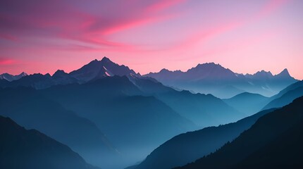 Fototapeta premium A breathtaking mountain landscape evokes an ethereal spiritual vibe through rich burgundy and deep blue hues, featuring a light aura and sophisticated elegance