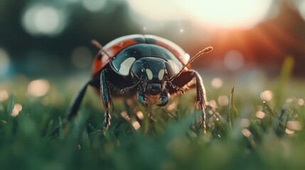 Fototapeta premium A stunning close-up of a ladybug with bright red wings walking on green grass, capturing intricate details of its features in a natural setting during sunset.