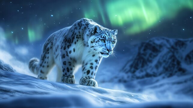 A majestic snow leopard prowls through a snowy landscape under a vibrant aurora borealis, creating a stunning display of nature's beauty. - Powered by Adobe