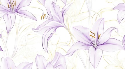 Seamless pattern with purple and yellow line art of lily flowers, line drawing
