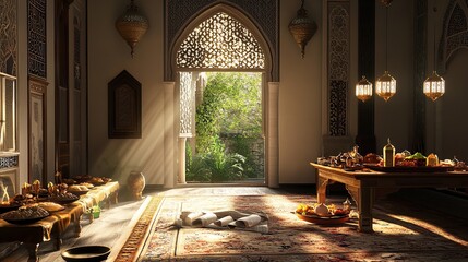 3D render of an Arabic themed product display background for advertisement featuring a moon stars and an Arabic lamp