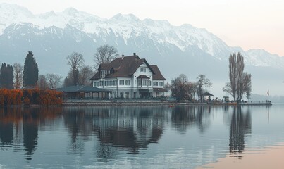 Fototapeta premium Lakeside house with snowy mountain backdrop reflecting in calm water at sunset