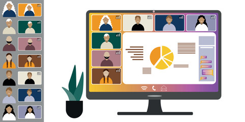 Video call conference, working from home. Colleagues of different nationalities and ages talk to each other on computer screen. Isolated illustration on white background in flat style trendy colors