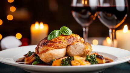 Delicious roasted chicken on plate with vegetables and red wine in restaurant setting