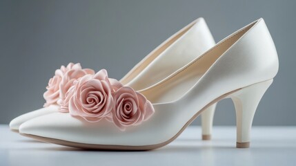 A pair of elegant bridal shoes adorned with pink rose details, placed on a clean white surface.
