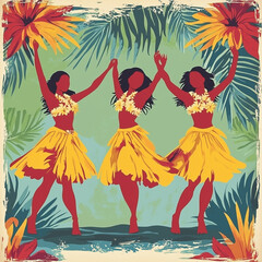 Hawaiian Hula Dancers at Traditional Luau in Vintage Poster Style