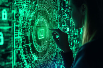 Zero trust security cybersecurity access. Identity data. Protection firewall. Policy compliance. Encryption. Businesswoman presenting concepts related to Zero Trust security in a professional setting.