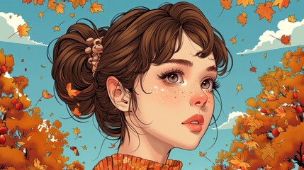 A young woman with freckles and a warm sweater, surrounded by autumn leaves and a bright sky.