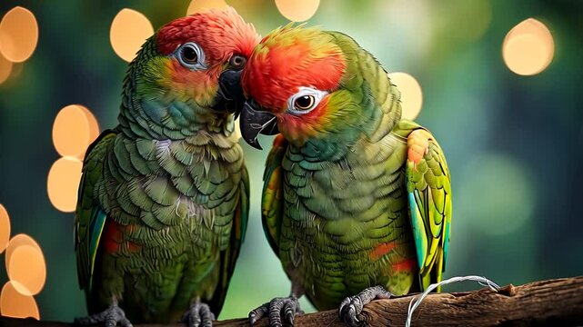 Close-up of two vibrant parrots perched together, with their bright feathers illuminated by a soft, blurred bokeh background.
