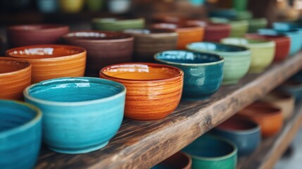 A stylish array of ceramic bowls in various colors and sizes neatly arranged on a wooden shelf offers a modern yet artistic touch to any interior decor or dining space.
