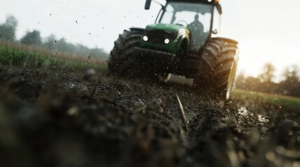 A green tractor breaks ground in a soil bed, creating a sense of agricultural progress beneath a dramatic overcast sky, painting a picture of hard work and determination.