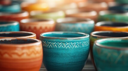 An array of beautifully crafted, colorful pottery pieces arranged neatly on wooden shelves, showcasing the artistry and craftsmanship in ceramic design.