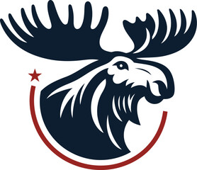 Fototapeta premium Bold Moose Sports Logo – Dynamic Black, White & Red Wildlife Emblem, Powerful Mascot Design for Team Branding, Apparel, and Merchandise 