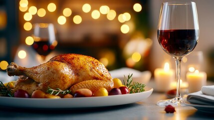 Obraz premium Festive Dinner Table with Roasted Chicken, Red Wine and Warm Ambient Lights