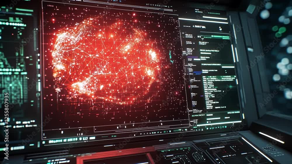 Poster cybersecurity expert is analyzing data on multiple computer screens, displaying a world map with hig
