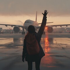 Woman waving goodbye to an airplane at the airport during sunset