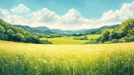 Lush green meadow under a bright blue sky with fluffy clouds, showcasing natural beauty and serene landscapes.