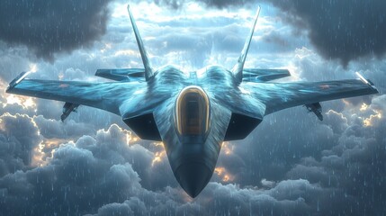 Fototapeta premium Futuristic Fighter Jet in Motion Through Rain-Heavy Atmosphere