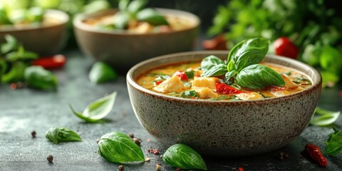 Delicious Thai Green Chicken Curry in a Rustic Bowl
